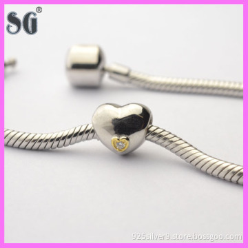 100% Genuine 925 Sterling Silver Loving heart Charms with Gold and White Setted CZ fits For European Style Bracelet